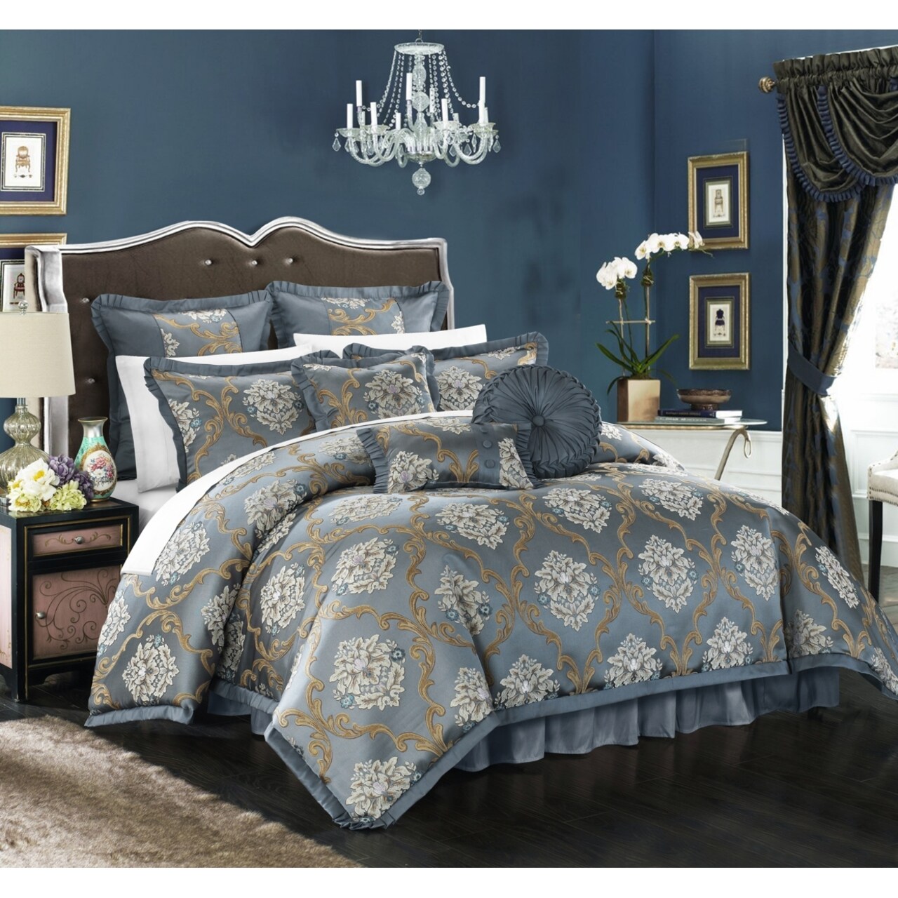 Chic Home 9 Piece Aubrey Decorator Upholstery Quality Jacquard Scroll Fabric Complete Master Bedroom Comforter Set and pillows